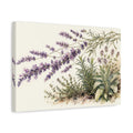 Side Mockup 4. Delicate Ink Contour Drawing Row Of Coral Lavender Beside Herb Garden shown as stretched canvas wall art