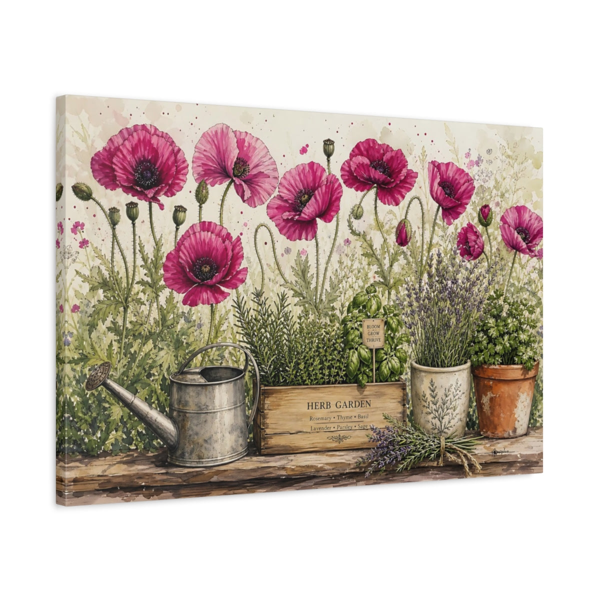 Side Mockup 2. Delicate Ink Contour Drawing Row Of Magenta Poppies Beside Herb Garden shown as stretched canvas wall art