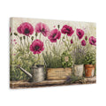 Side Mockup 4. Delicate Ink Contour Drawing Row Of Magenta Poppies Beside Herb Garden shown as stretched canvas wall art