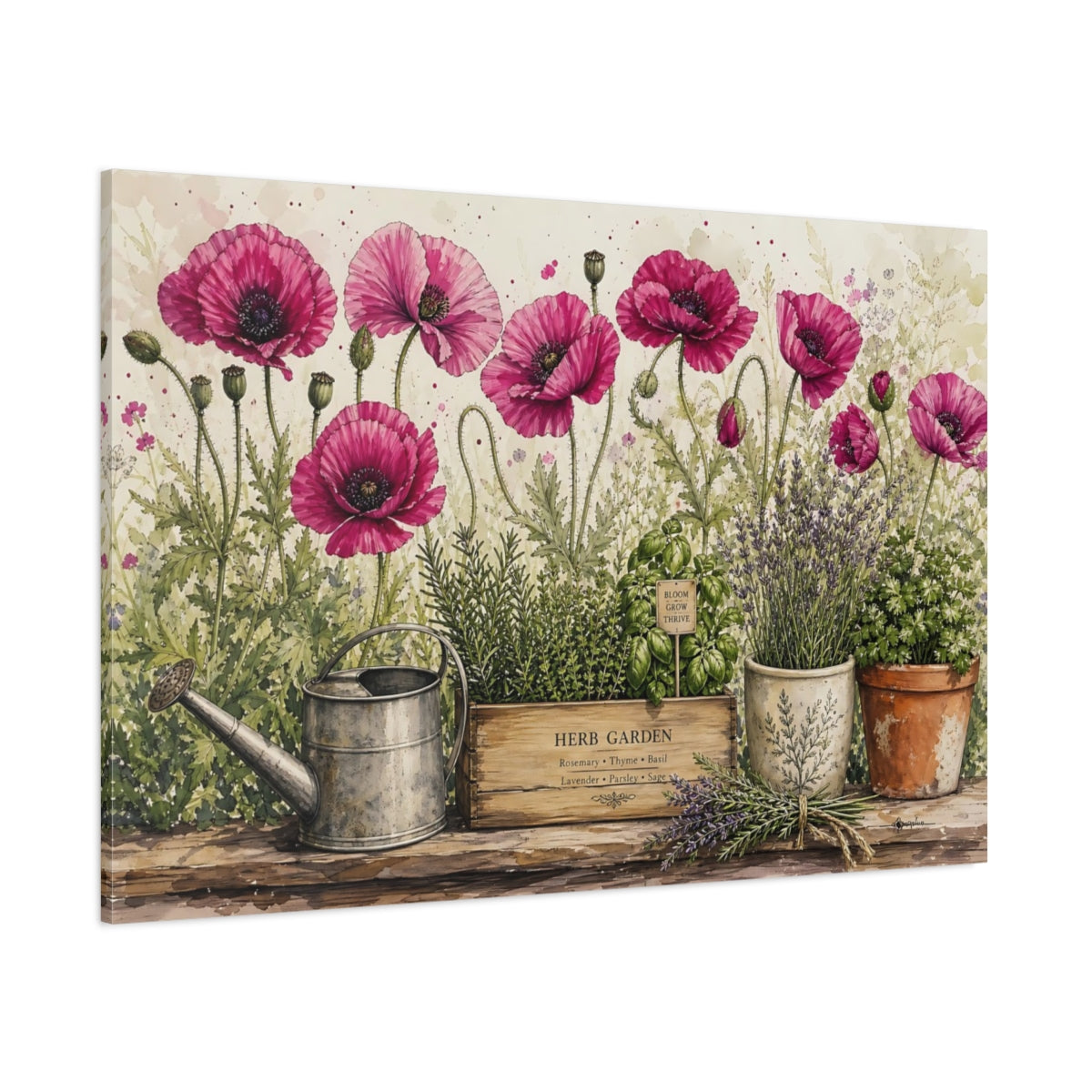 Side Mockup 1. Delicate Ink Contour Drawing Row Of Magenta Poppies Beside Herb Garden shown as stretched canvas wall art