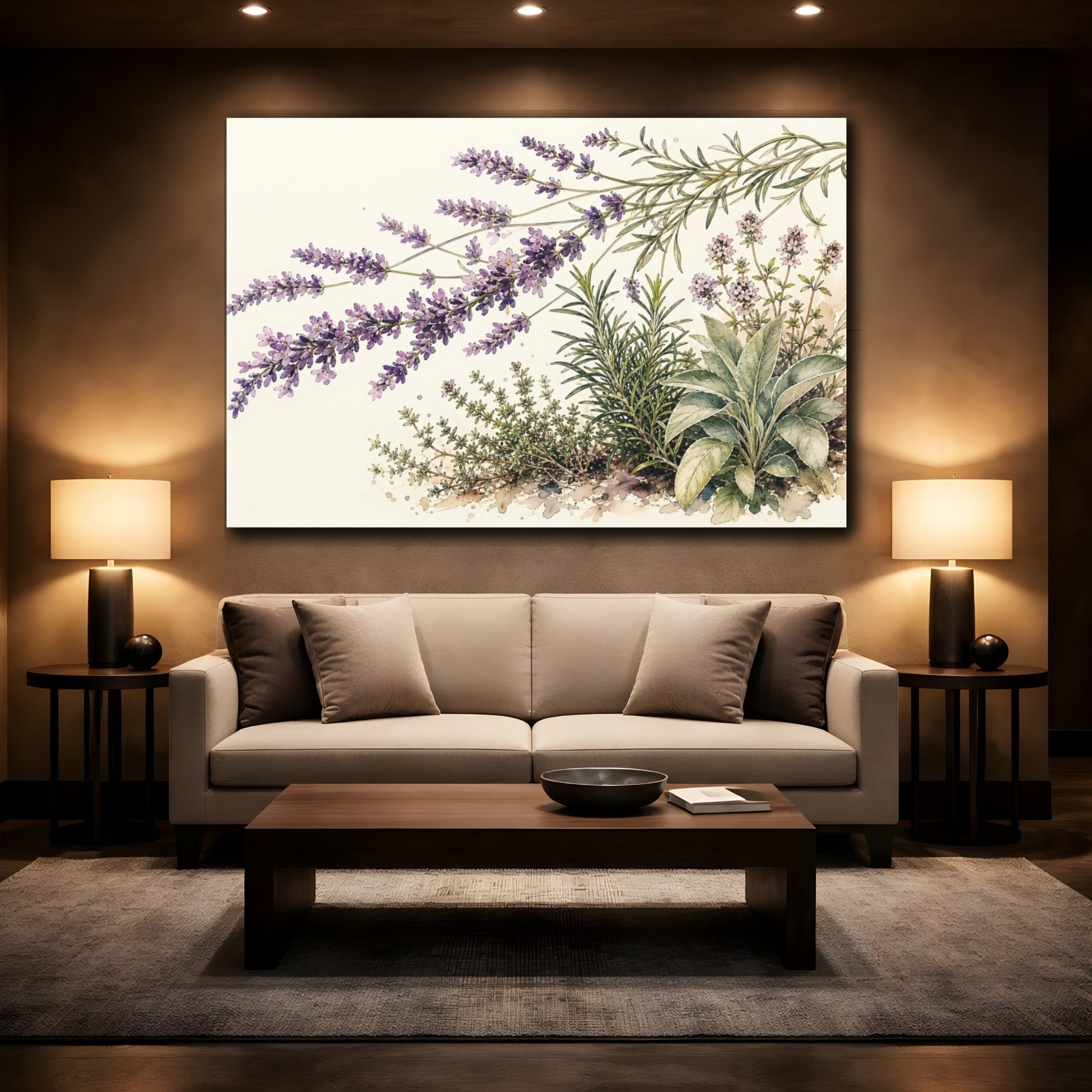 Mockup 2. Delicate Ink Contour Drawing Row Of Coral Lavender Beside Herb Garden shown as stretched canvas wall art