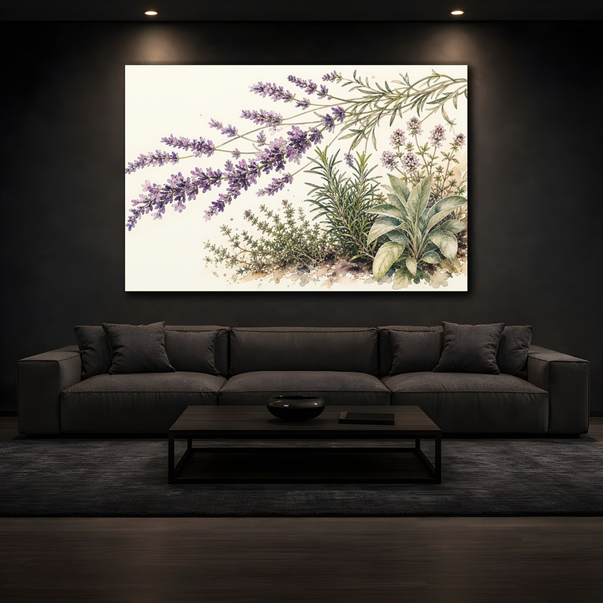 Mockup 3. Delicate Ink Contour Drawing Row Of Coral Lavender Beside Herb Garden shown as stretched canvas wall art