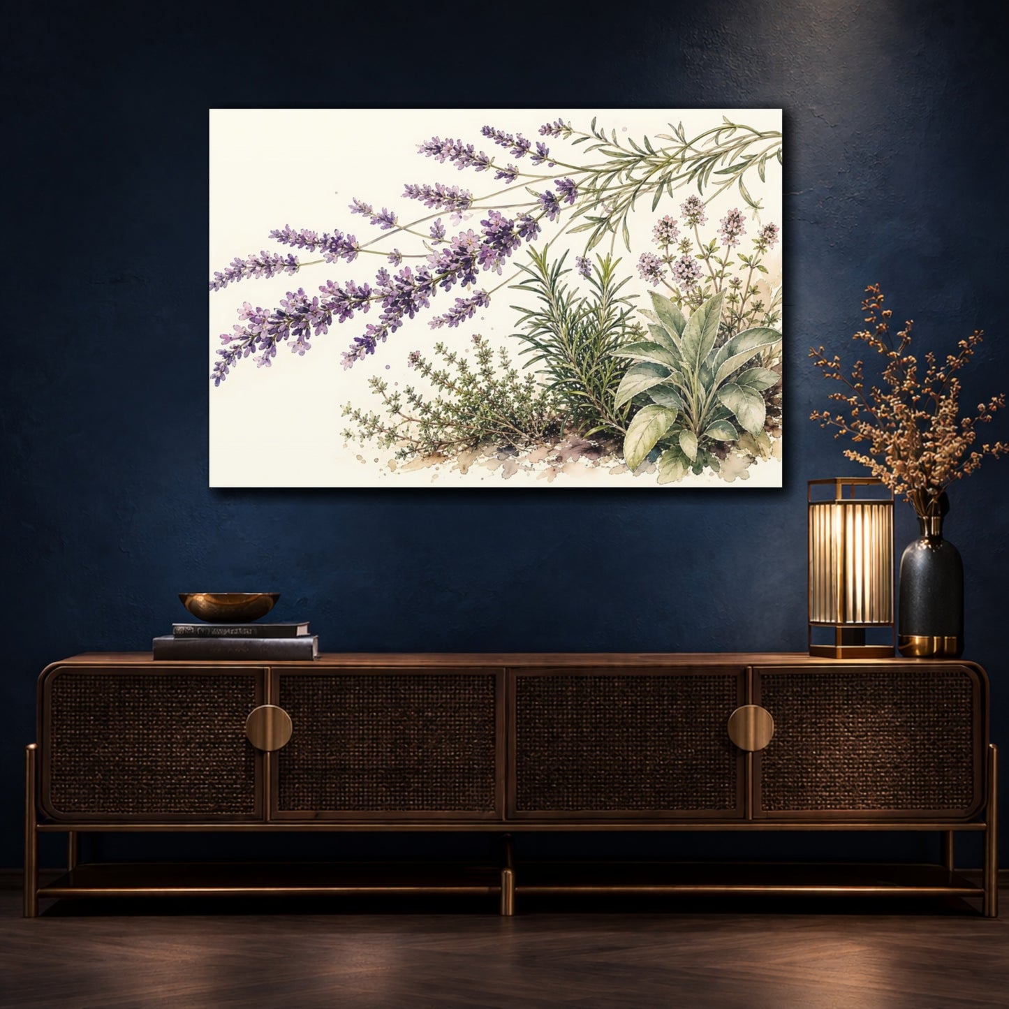 Mockup 4. Delicate Ink Contour Drawing Row Of Coral Lavender Beside Herb Garden shown as stretched canvas wall art