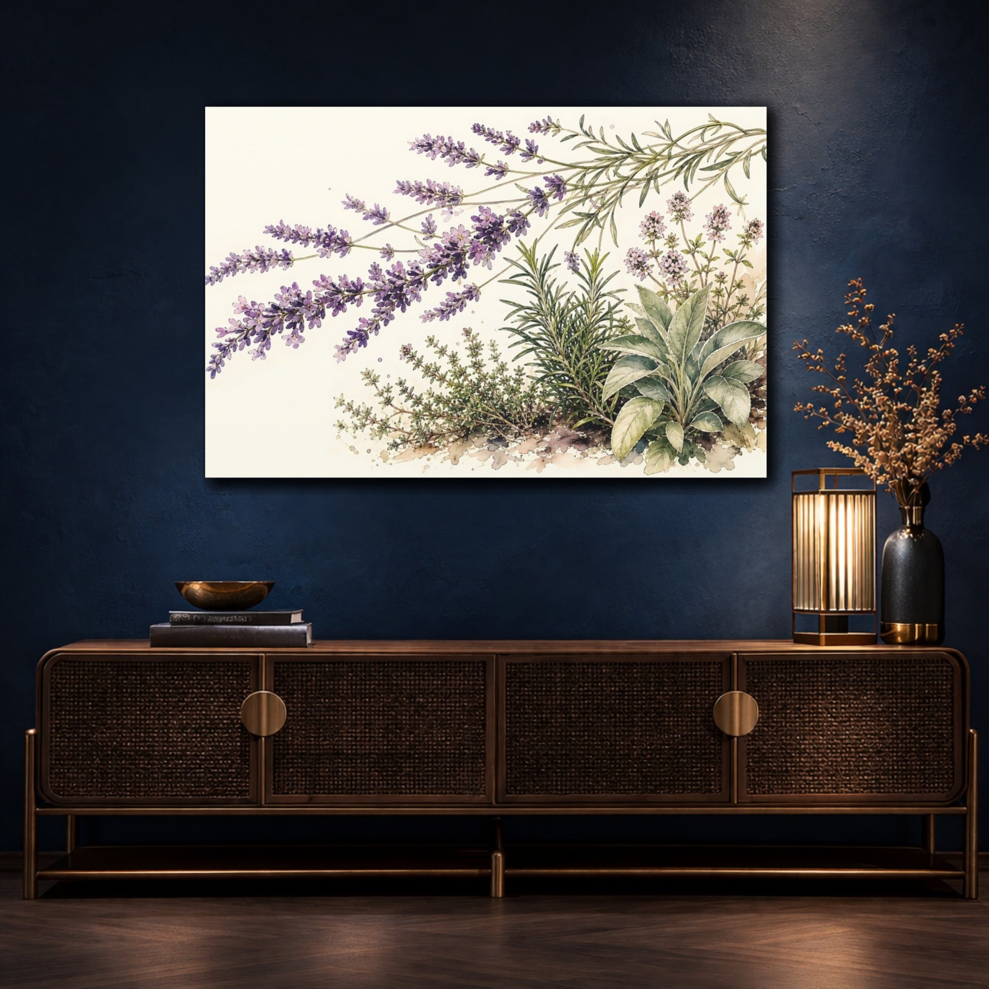 Mockup 4. Delicate Ink Contour Drawing Row Of Coral Lavender Beside Herb Garden shown as stretched canvas wall art