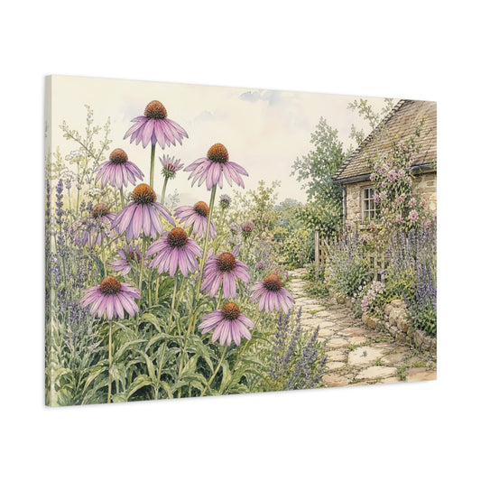 Main Mockup. Delicate Ink Contour Drawing Row Of Lavender Prairie Coneflowers Beside Cottage Path shown as stretched canvas wall art