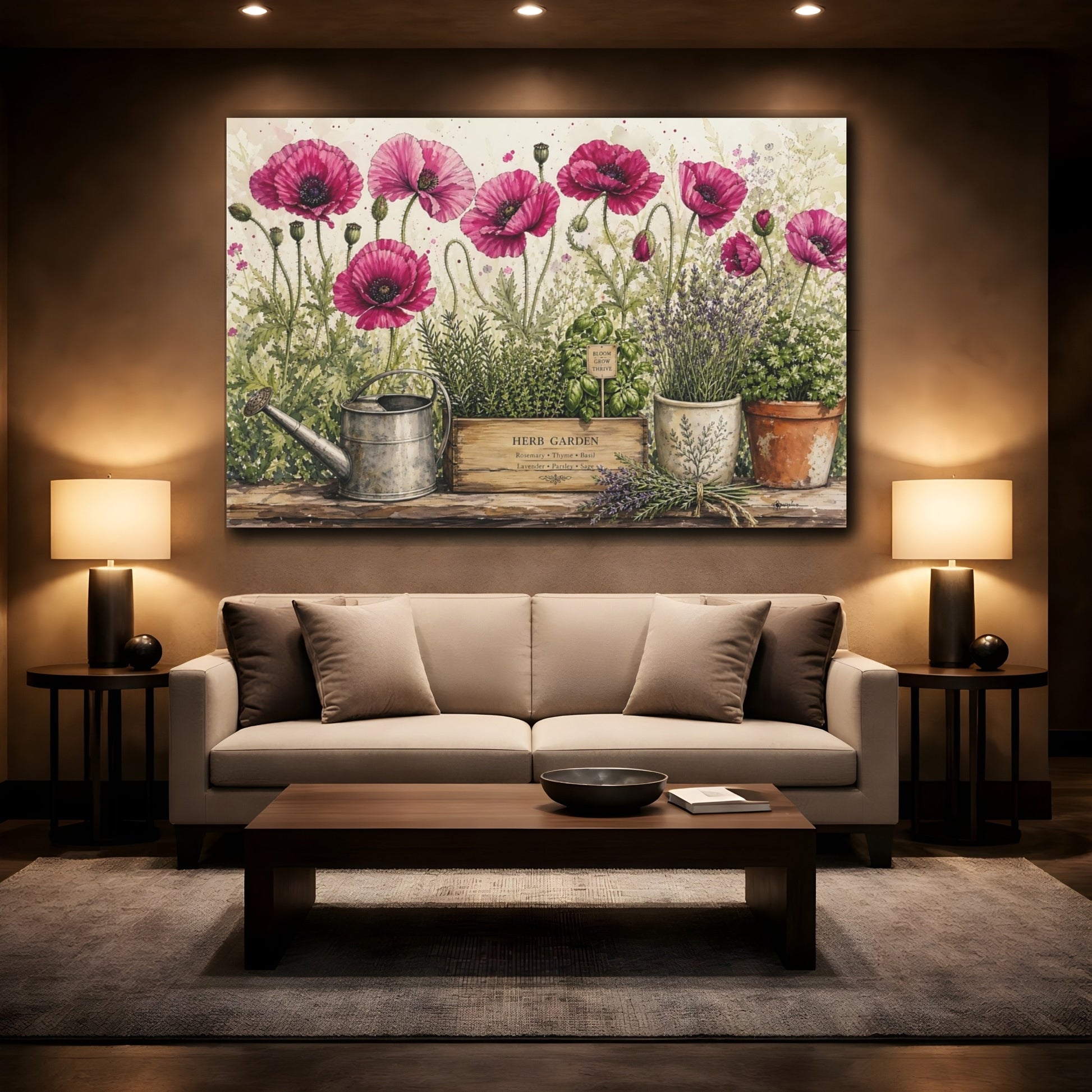 Mockup 2. Delicate Ink Contour Drawing Row Of Magenta Poppies Beside Herb Garden shown as stretched canvas wall art