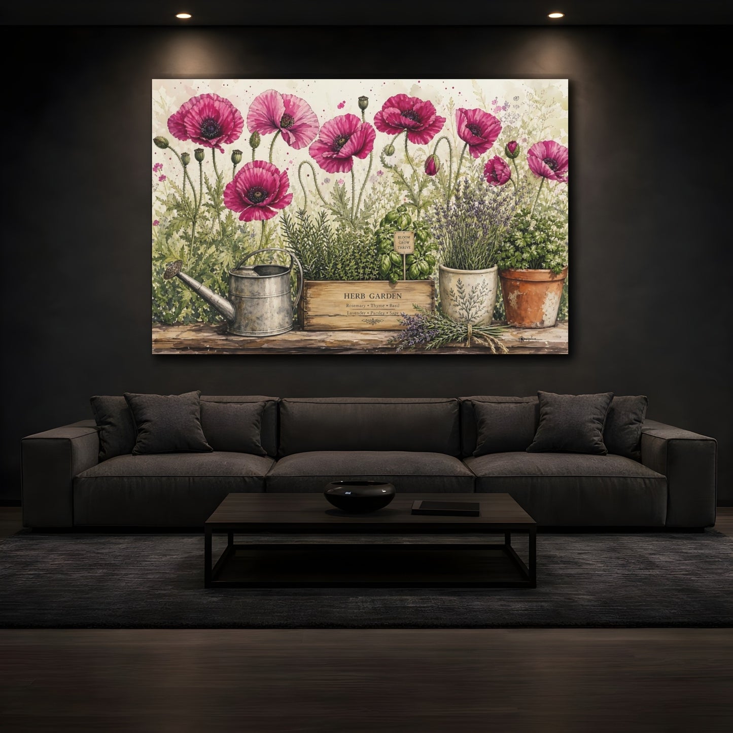 Mockup 3. Delicate Ink Contour Drawing Row Of Magenta Poppies Beside Herb Garden shown as stretched canvas wall art
