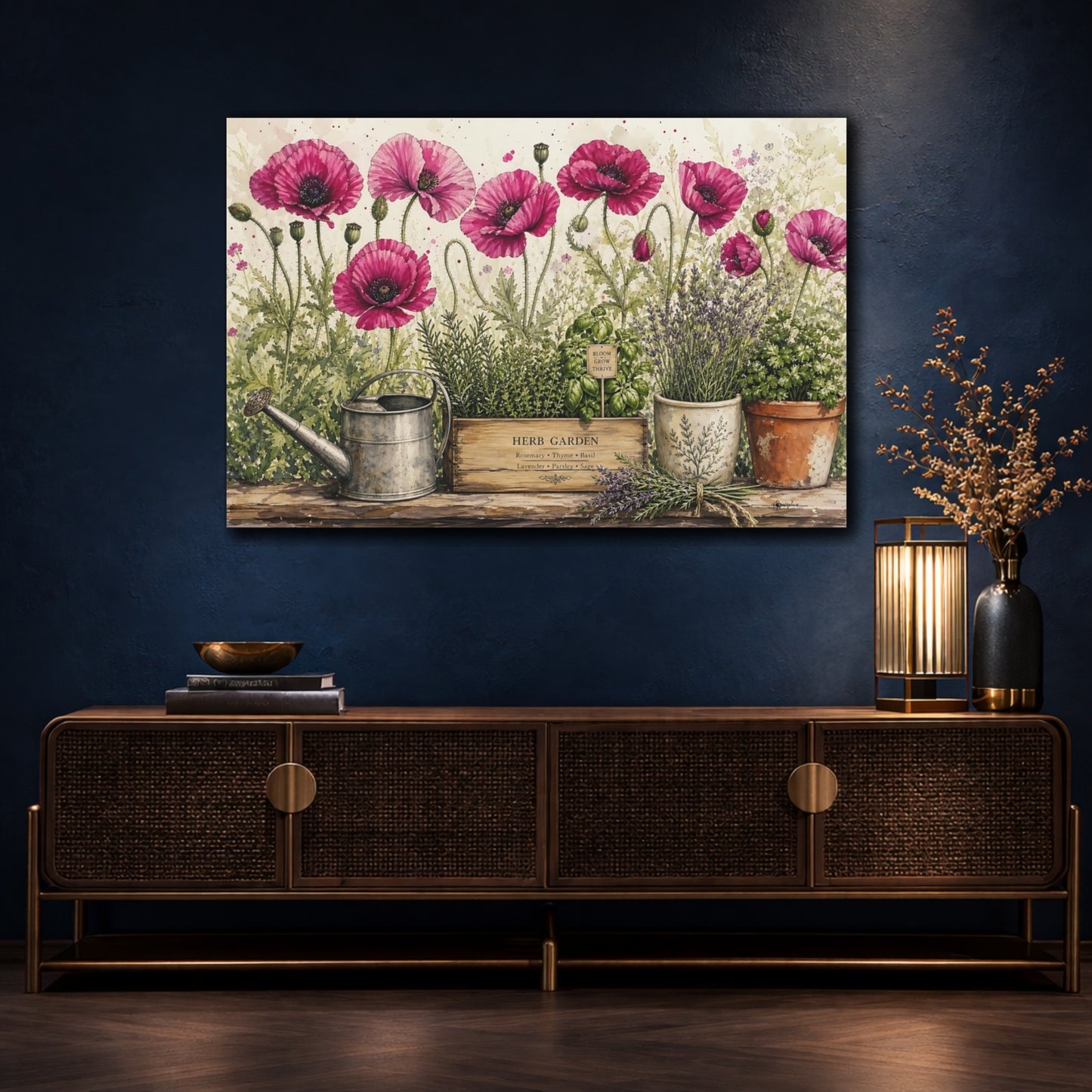 Mockup 4. Delicate Ink Contour Drawing Row Of Magenta Poppies Beside Herb Garden shown as stretched canvas wall art