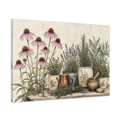 Main Mockup. Delicate Ink Contour Drawing Row Of Plum Prairie Coneflowers Beside Herb Garden shown as stretched canvas wall art