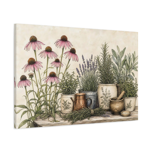 Main Mockup. Delicate Ink Contour Drawing Row Of Plum Prairie Coneflowers Beside Herb Garden shown as stretched canvas wall art