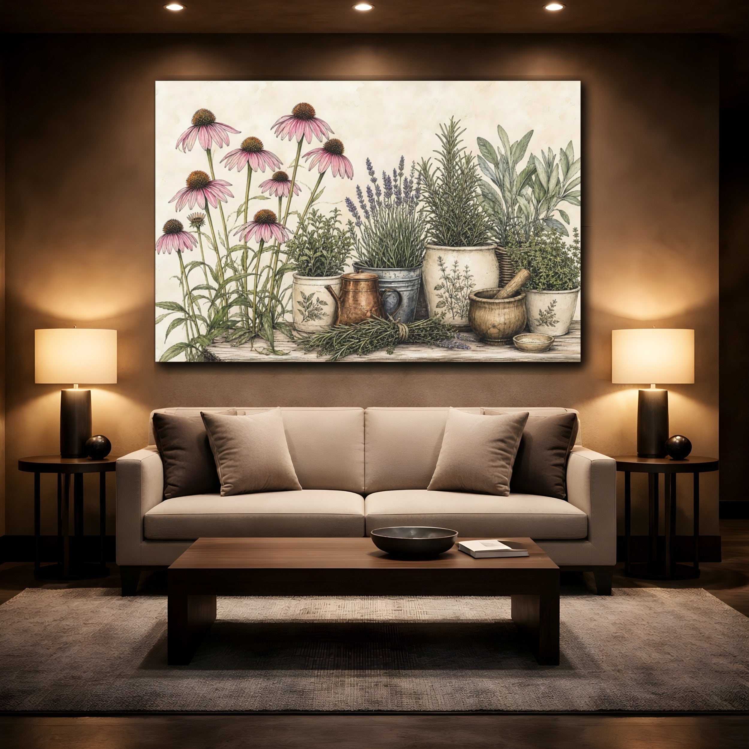 Mockup 2. Delicate Ink Contour Drawing Row Of Plum Prairie Coneflowers Beside Herb Garden shown as stretched canvas wall art
