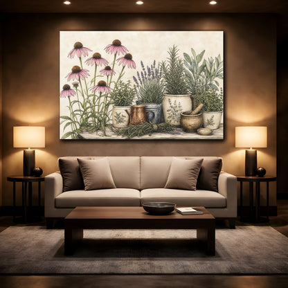 Mockup 2. Delicate Ink Contour Drawing Row Of Plum Prairie Coneflowers Beside Herb Garden shown as stretched canvas wall art