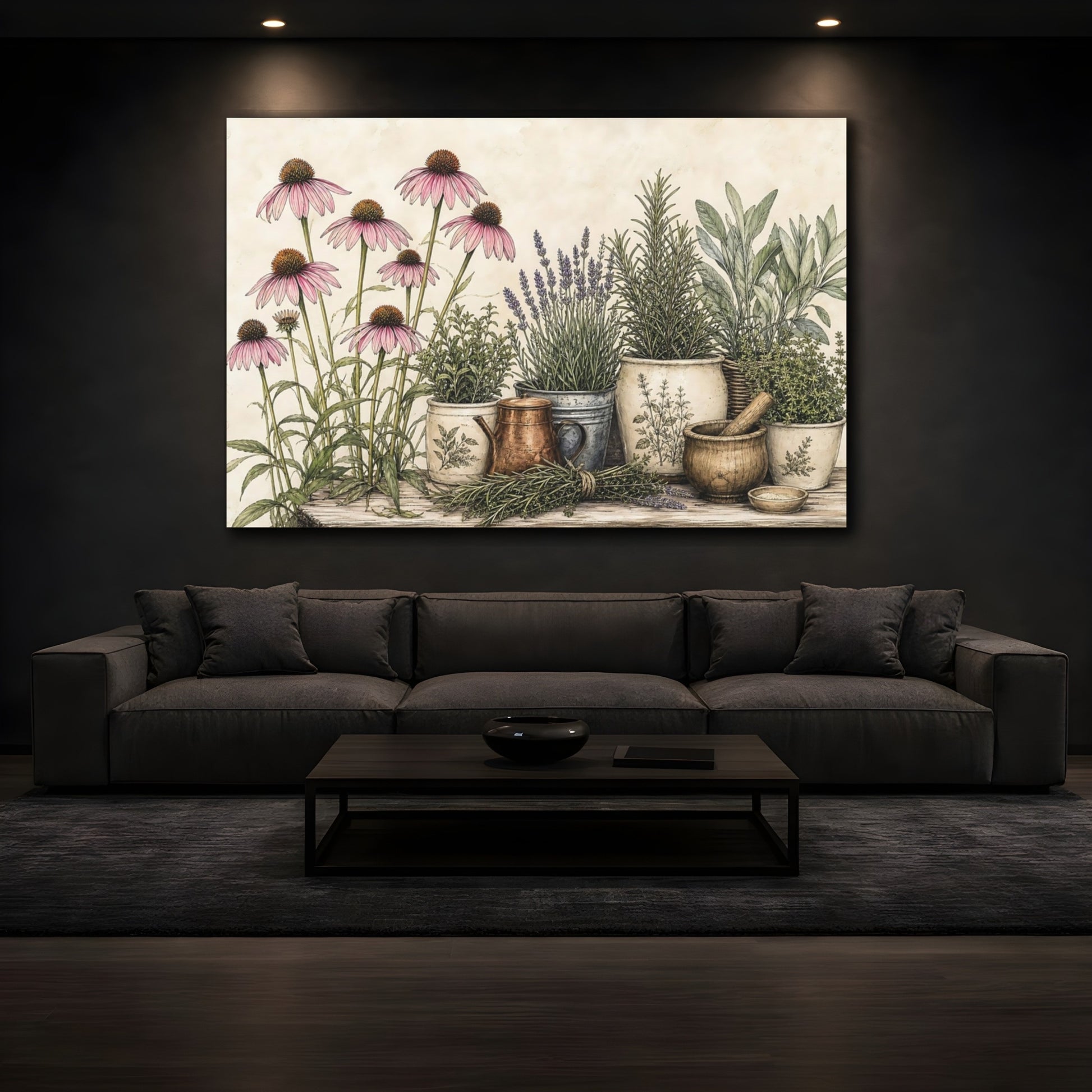 Mockup 3. Delicate Ink Contour Drawing Row Of Plum Prairie Coneflowers Beside Herb Garden shown as stretched canvas wall art