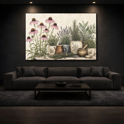 Mockup 3. Delicate Ink Contour Drawing Row Of Plum Prairie Coneflowers Beside Herb Garden shown as stretched canvas wall art