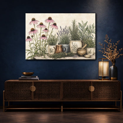 Mockup 4. Delicate Ink Contour Drawing Row Of Plum Prairie Coneflowers Beside Herb Garden shown as stretched canvas wall art