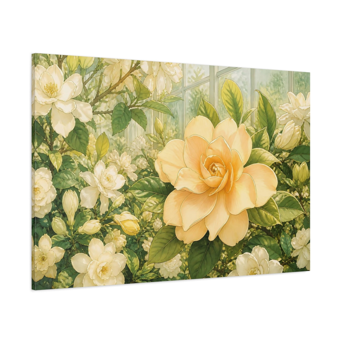 Side Mockup 1. Delicate Ink Contour Drawing Single Apricot Gardenia Against Greenhouse Glass shown as stretched canvas wall art