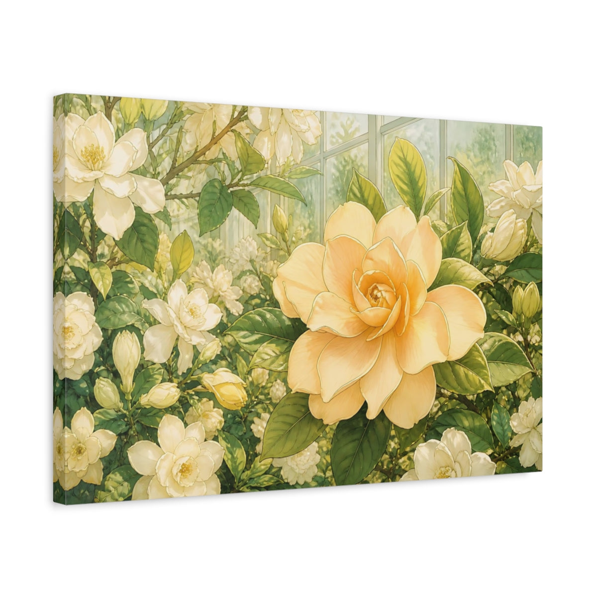 Side Mockup 3. Delicate Ink Contour Drawing Single Apricot Gardenia Against Greenhouse Glass shown as stretched canvas wall art