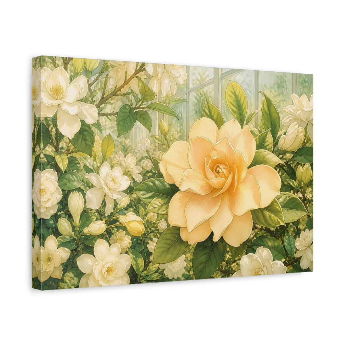 Side Mockup 4. Delicate Ink Contour Drawing Single Apricot Gardenia Against Greenhouse Glass shown as stretched canvas wall art