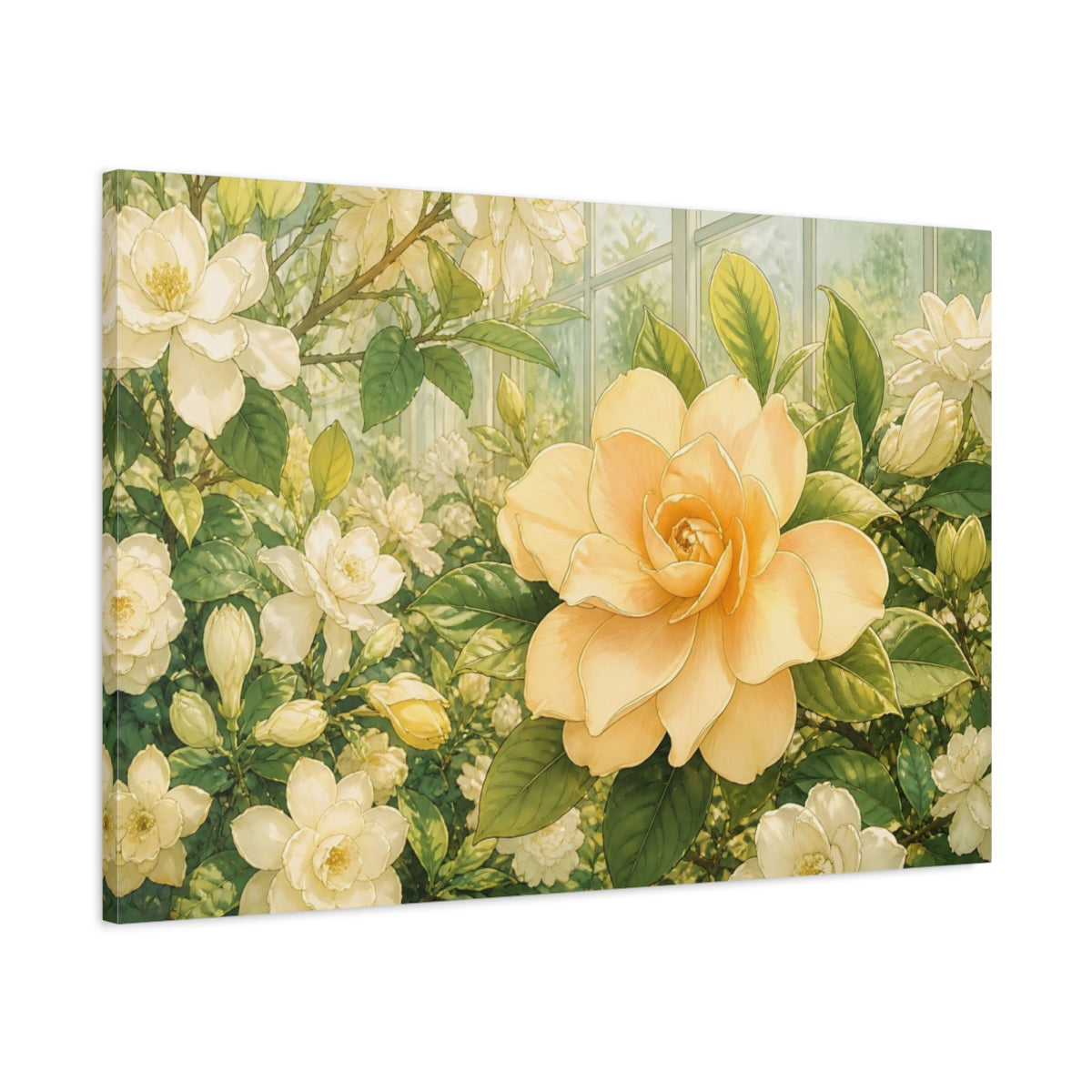 Main Mockup. Delicate Ink Contour Drawing Single Apricot Gardenia Against Greenhouse Glass shown as stretched canvas wall art