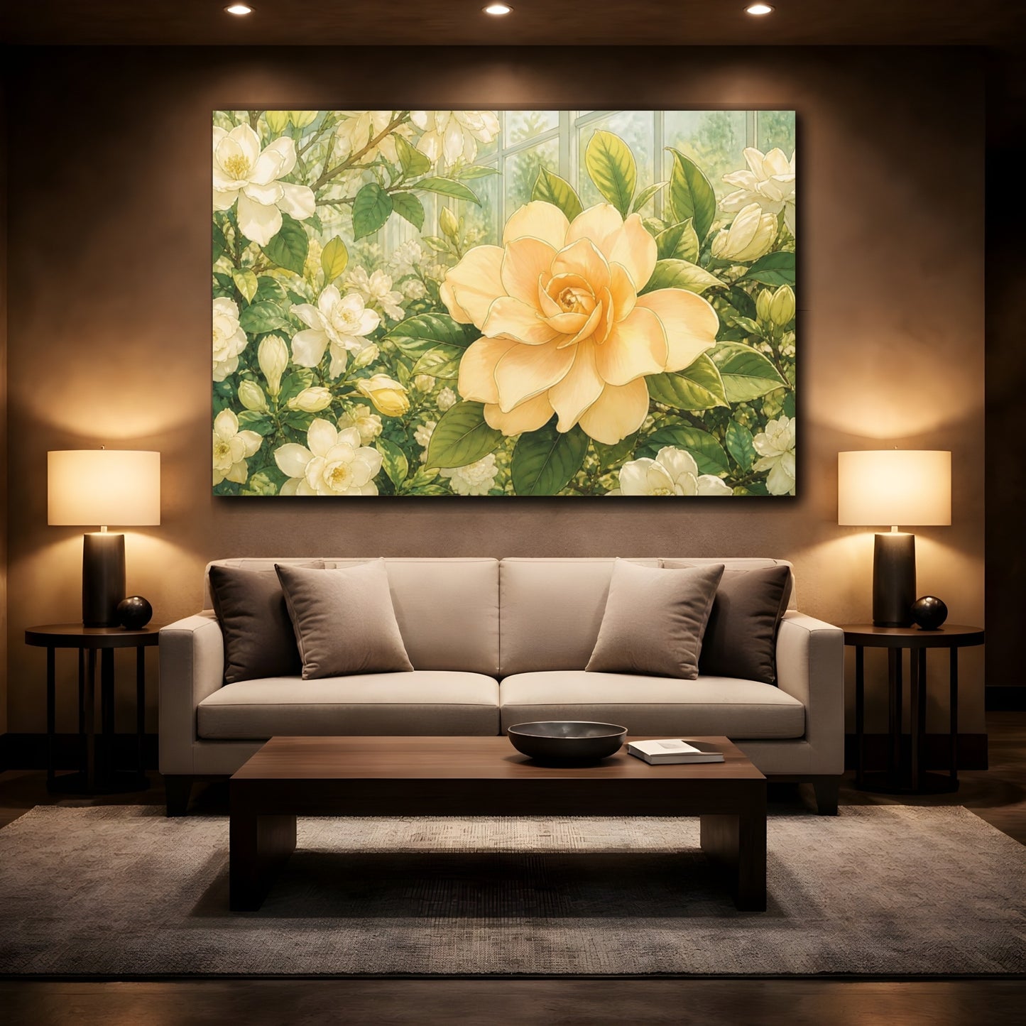 Mockup 2. Delicate Ink Contour Drawing Single Apricot Gardenia Against Greenhouse Glass shown as stretched canvas wall art