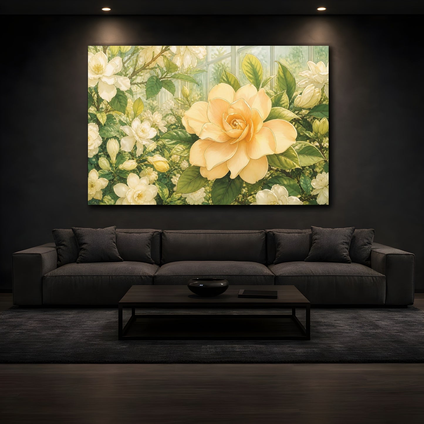Mockup 3. Delicate Ink Contour Drawing Single Apricot Gardenia Against Greenhouse Glass shown as stretched canvas wall art