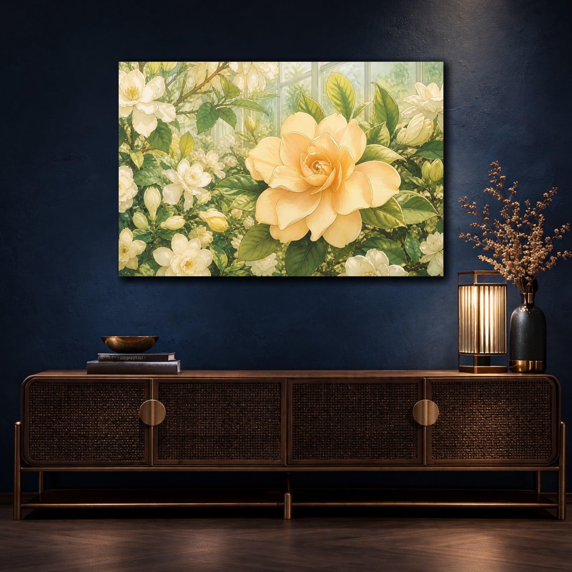 Mockup 4. Delicate Ink Contour Drawing Single Apricot Gardenia Against Greenhouse Glass shown as stretched canvas wall art