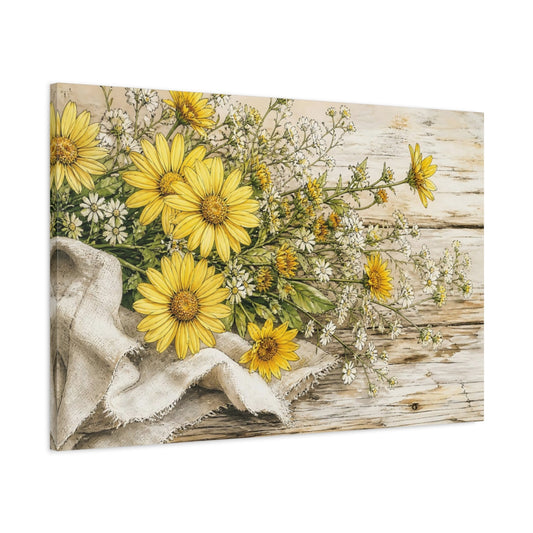 Main Mockup. Delicate Ink Contour Drawing Yellow Daisies Beside Linen Cloth On Weathered Table shown as stretched canvas wall art