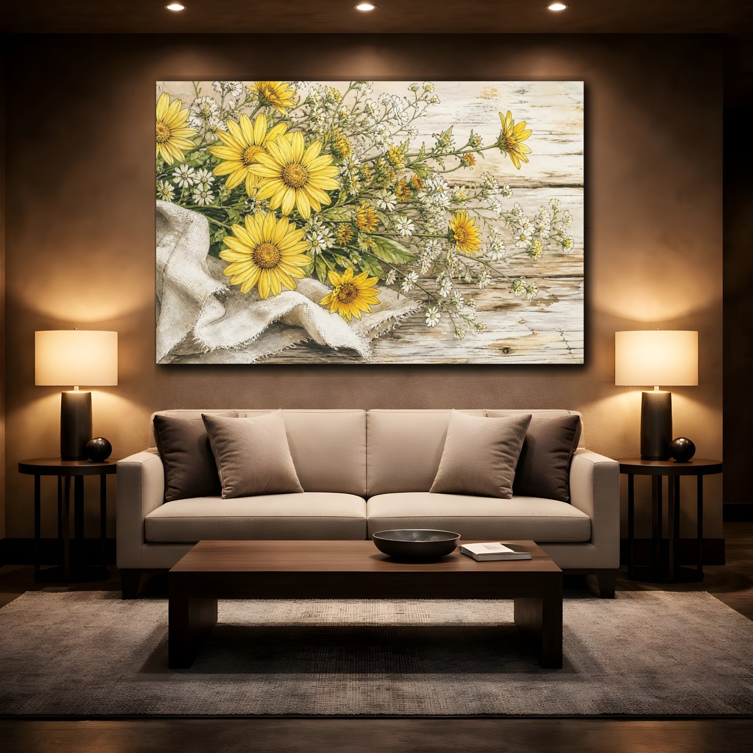 Mockup 2. Delicate Ink Contour Drawing Yellow Daisies Beside Linen Cloth On Weathered Table shown as stretched canvas wall art