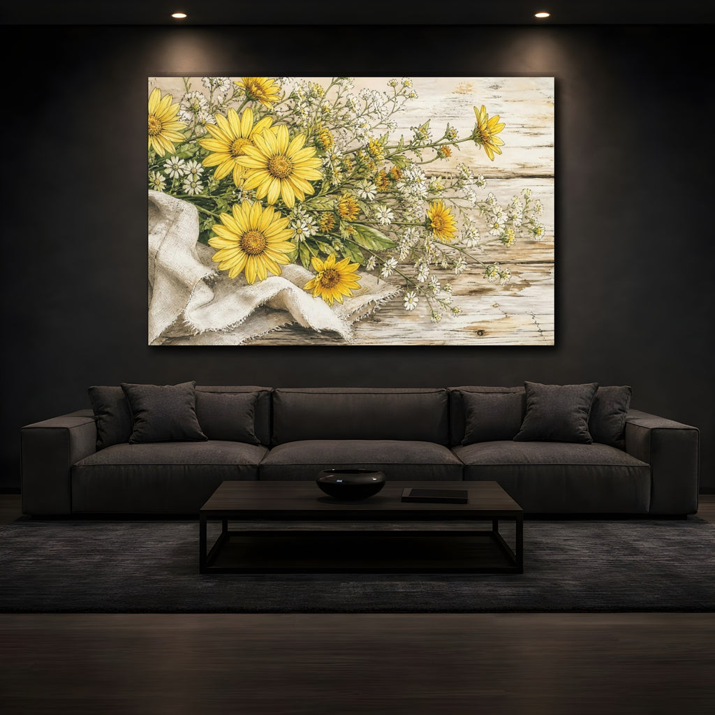 Mockup 3. Delicate Ink Contour Drawing Yellow Daisies Beside Linen Cloth On Weathered Table shown as stretched canvas wall art