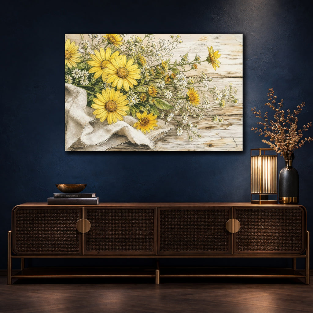 Mockup 4. Delicate Ink Contour Drawing Yellow Daisies Beside Linen Cloth On Weathered Table shown as stretched canvas wall art
