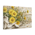 Side Mockup 4. Delicate Ink Contour Drawing Yellow Daisies Beside Linen Cloth On Weathered Table shown as stretched canvas wall art
