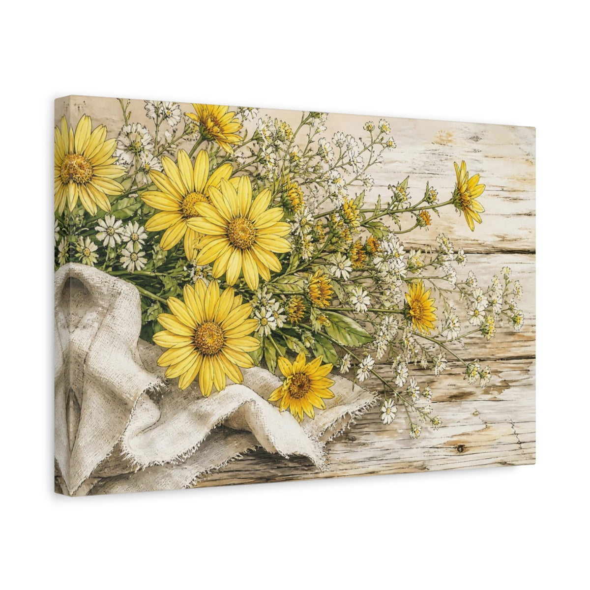 Side Mockup 4. Delicate Ink Contour Drawing Yellow Daisies Beside Linen Cloth On Weathered Table shown as stretched canvas wall art