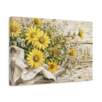 Side Mockup 4. Delicate Ink Contour Drawing Yellow Daisies Beside Linen Cloth On Weathered Table shown as stretched canvas wall art