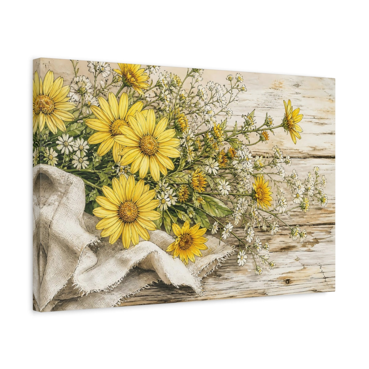 Side Mockup 3. Delicate Ink Contour Drawing Yellow Daisies Beside Linen Cloth On Weathered Table shown as stretched canvas wall art