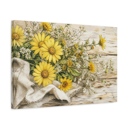 Side Mockup 3. Delicate Ink Contour Drawing Yellow Daisies Beside Linen Cloth On Weathered Table shown as stretched canvas wall art