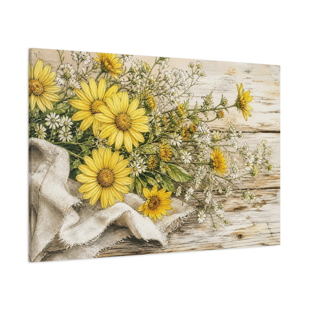 Side Mockup 1. Delicate Ink Contour Drawing Yellow Daisies Beside Linen Cloth On Weathered Table shown as stretched canvas wall art