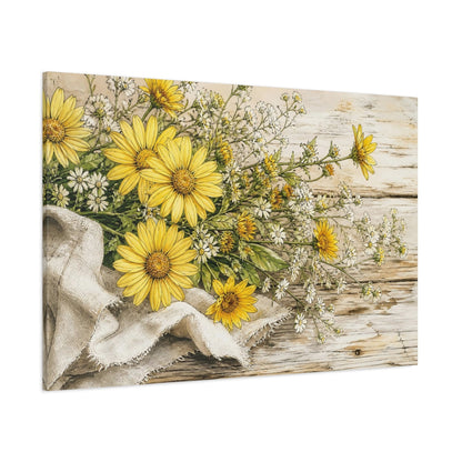 Side Mockup 1. Delicate Ink Contour Drawing Yellow Daisies Beside Linen Cloth On Weathered Table shown as stretched canvas wall art