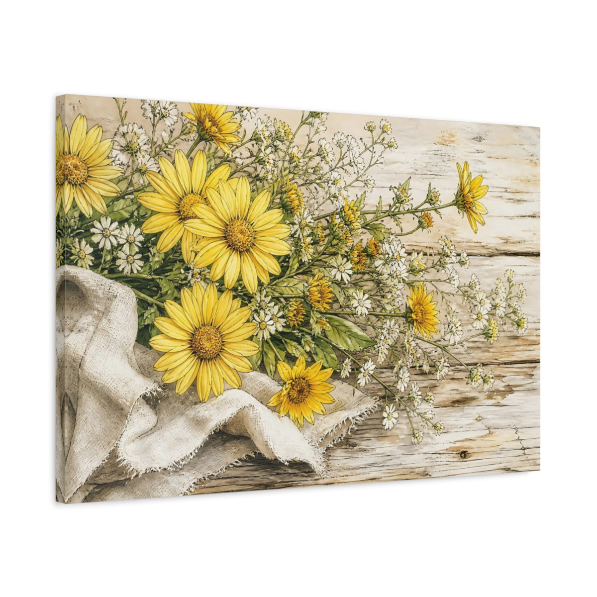 Side Mockup 2. Delicate Ink Contour Drawing Yellow Daisies Beside Linen Cloth On Weathered Table shown as stretched canvas wall art