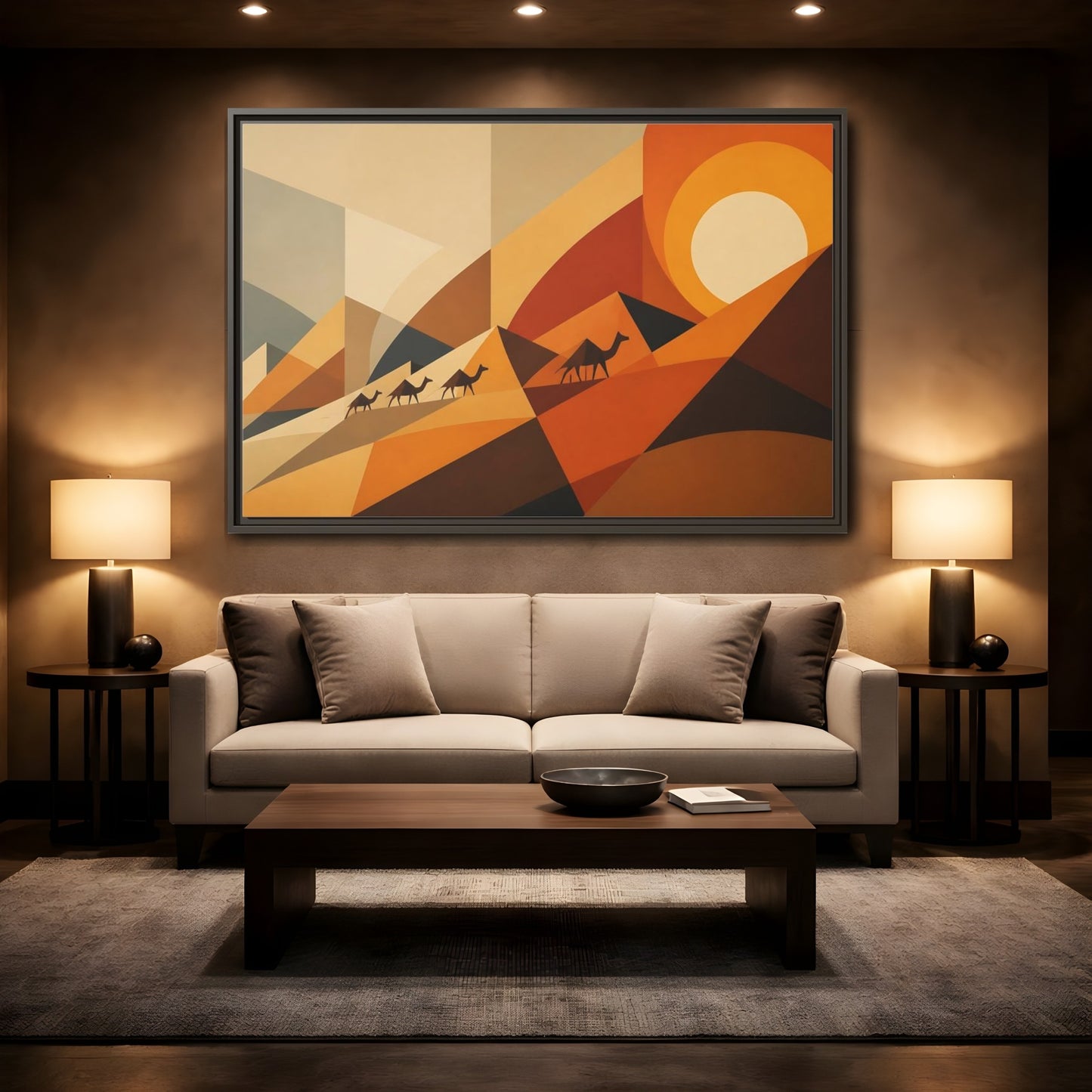 Mockup 2. Desert Caravan Sunset shown as framed canvas print