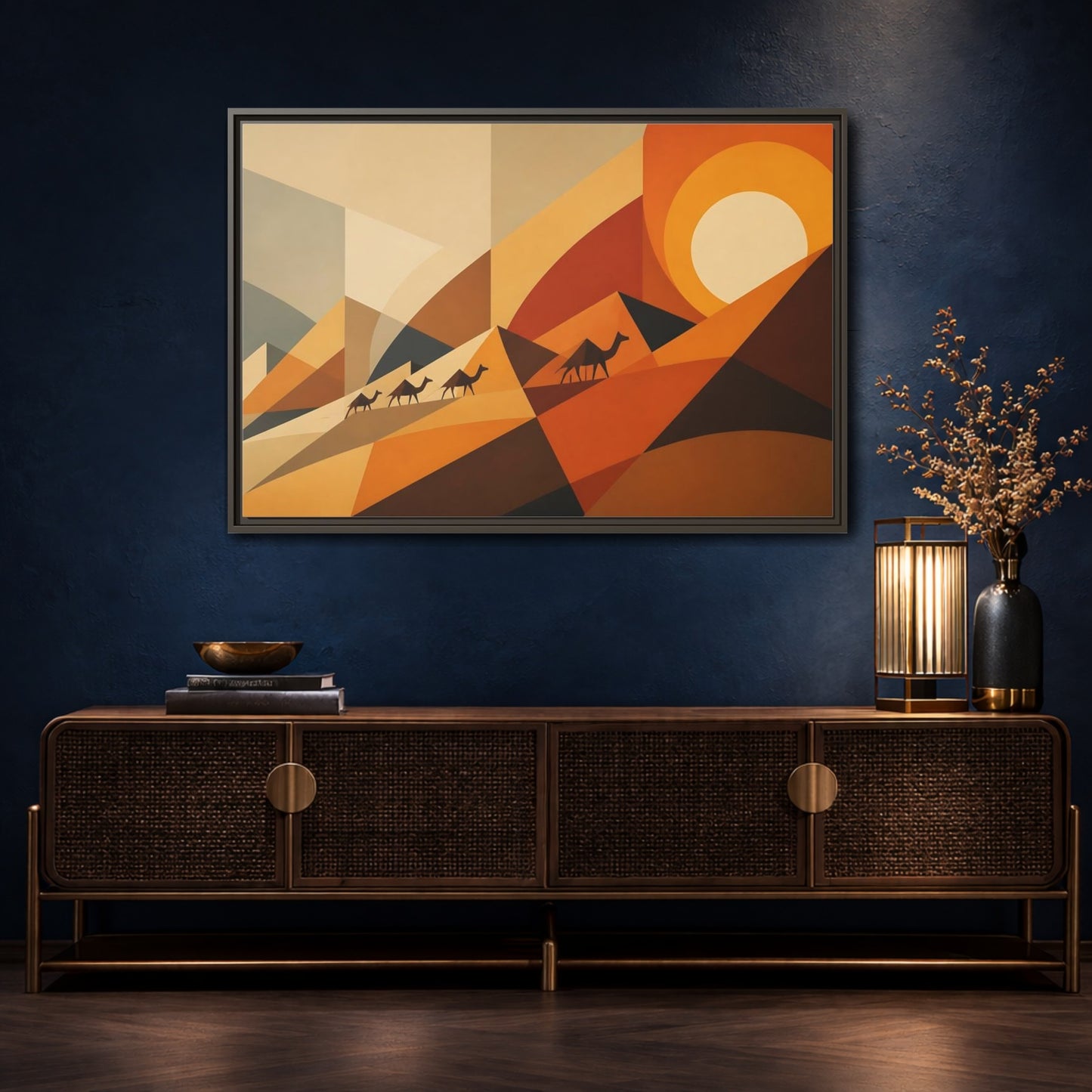 Mockup 4. Desert Caravan Sunset shown as framed canvas print