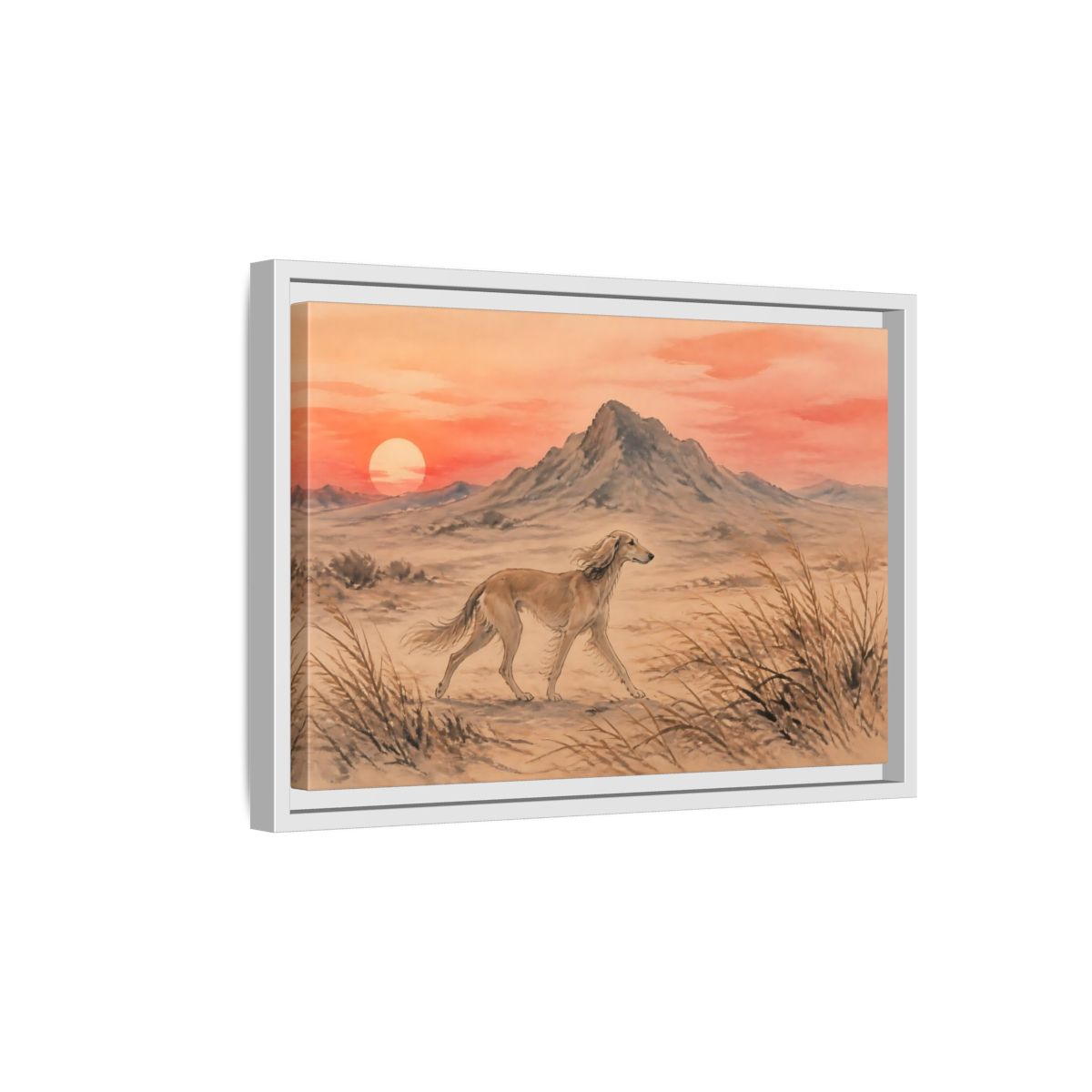 Side Mockup 4. Desert Dog At Sunset shown as framed canvas print