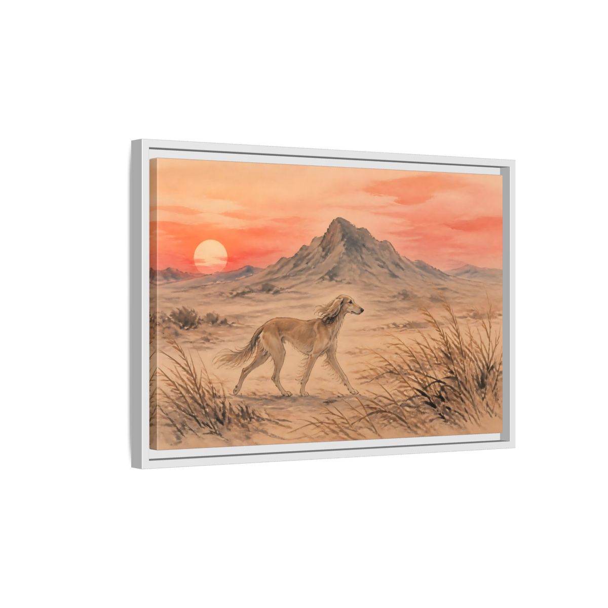 Side Mockup 1. Desert Dog At Sunset shown as framed canvas print