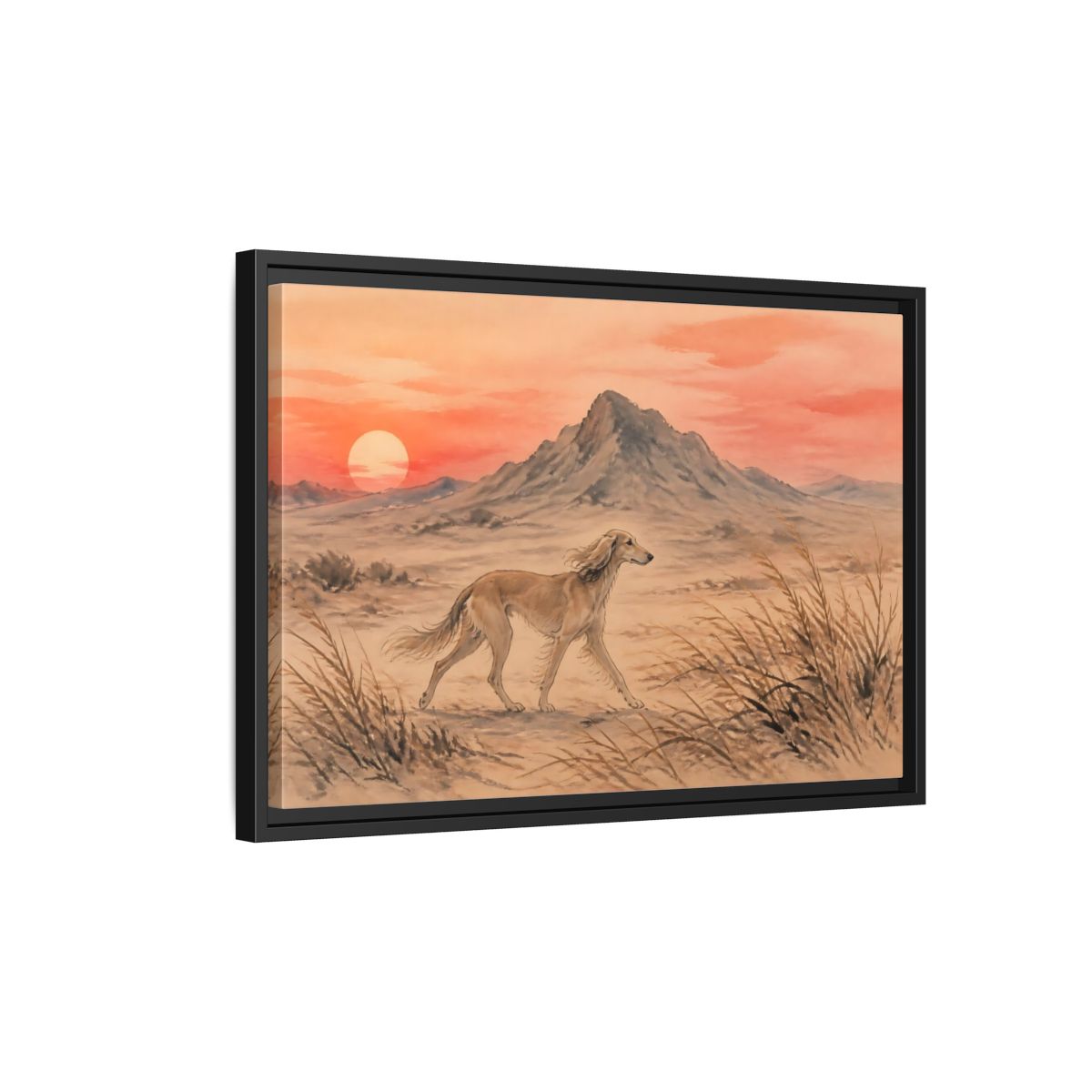 Side Mockup 3. Desert Dog At Sunset shown as framed canvas print