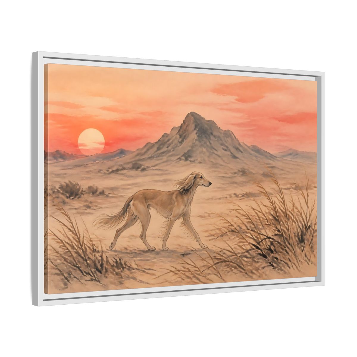 Side Mockup 10. Desert Dog At Sunset shown as framed canvas print