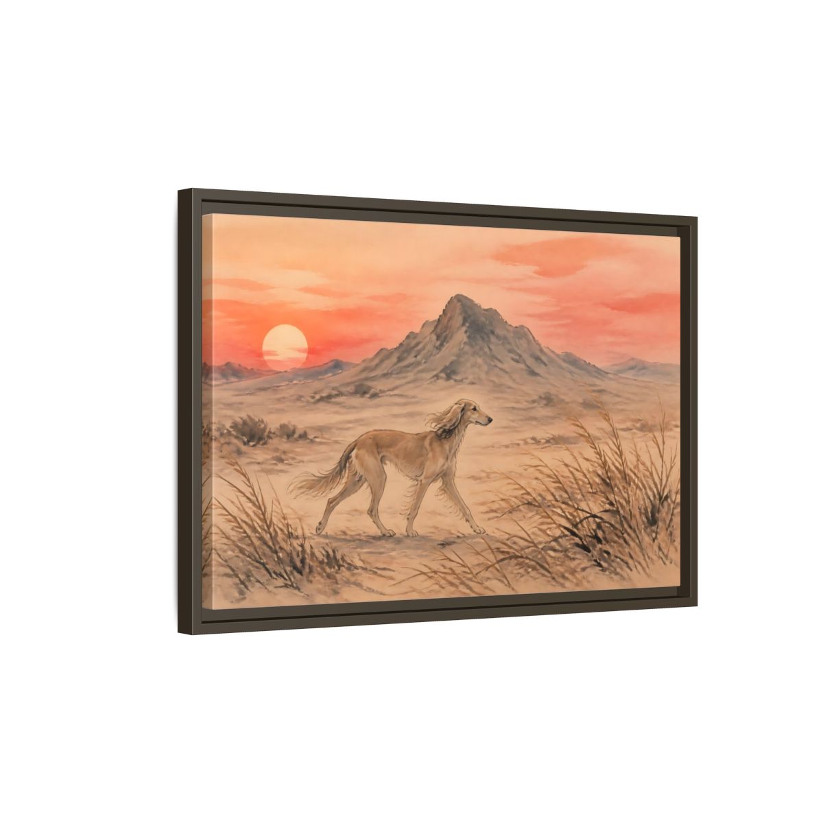 Side Mockup 2. Desert Dog At Sunset shown as framed canvas print