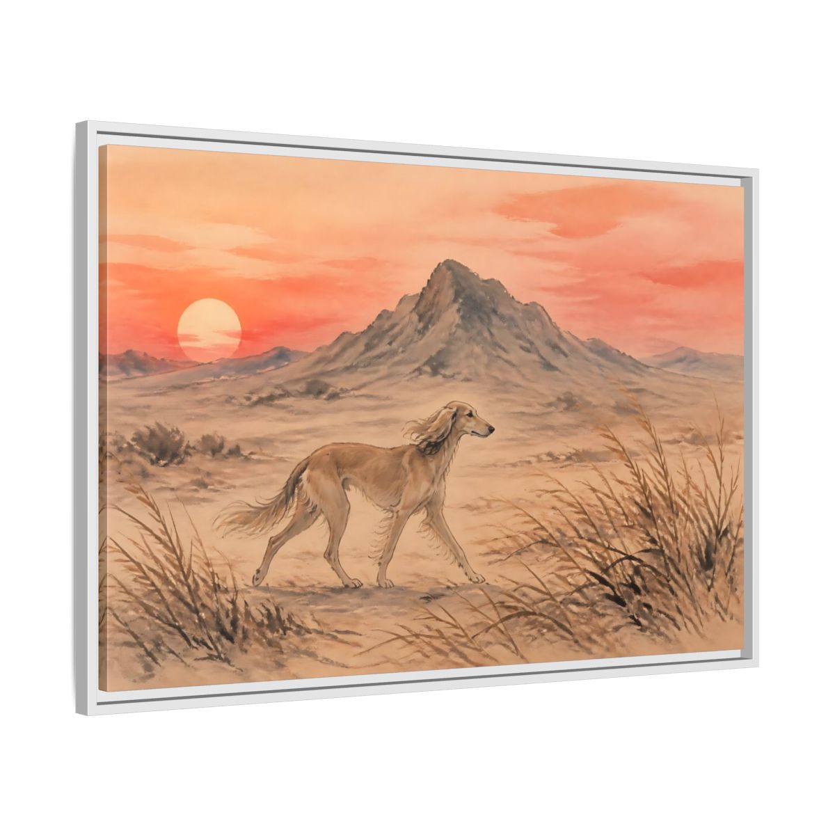Side Mockup 9. Desert Dog At Sunset shown as framed canvas print