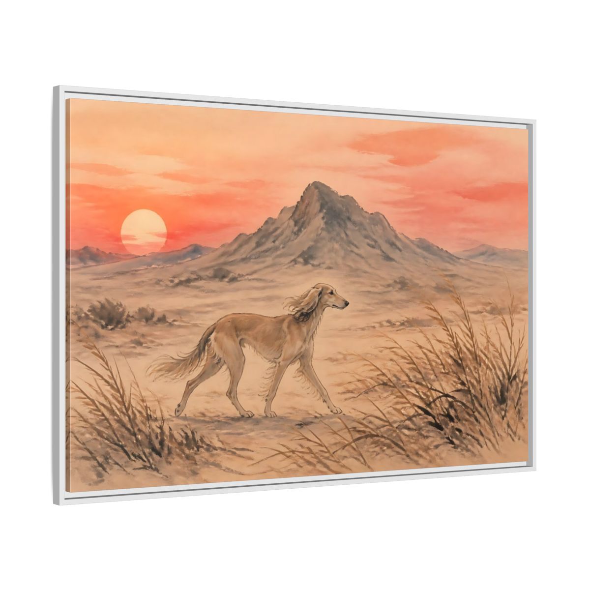 Side Mockup 7. Desert Dog At Sunset shown as framed canvas print