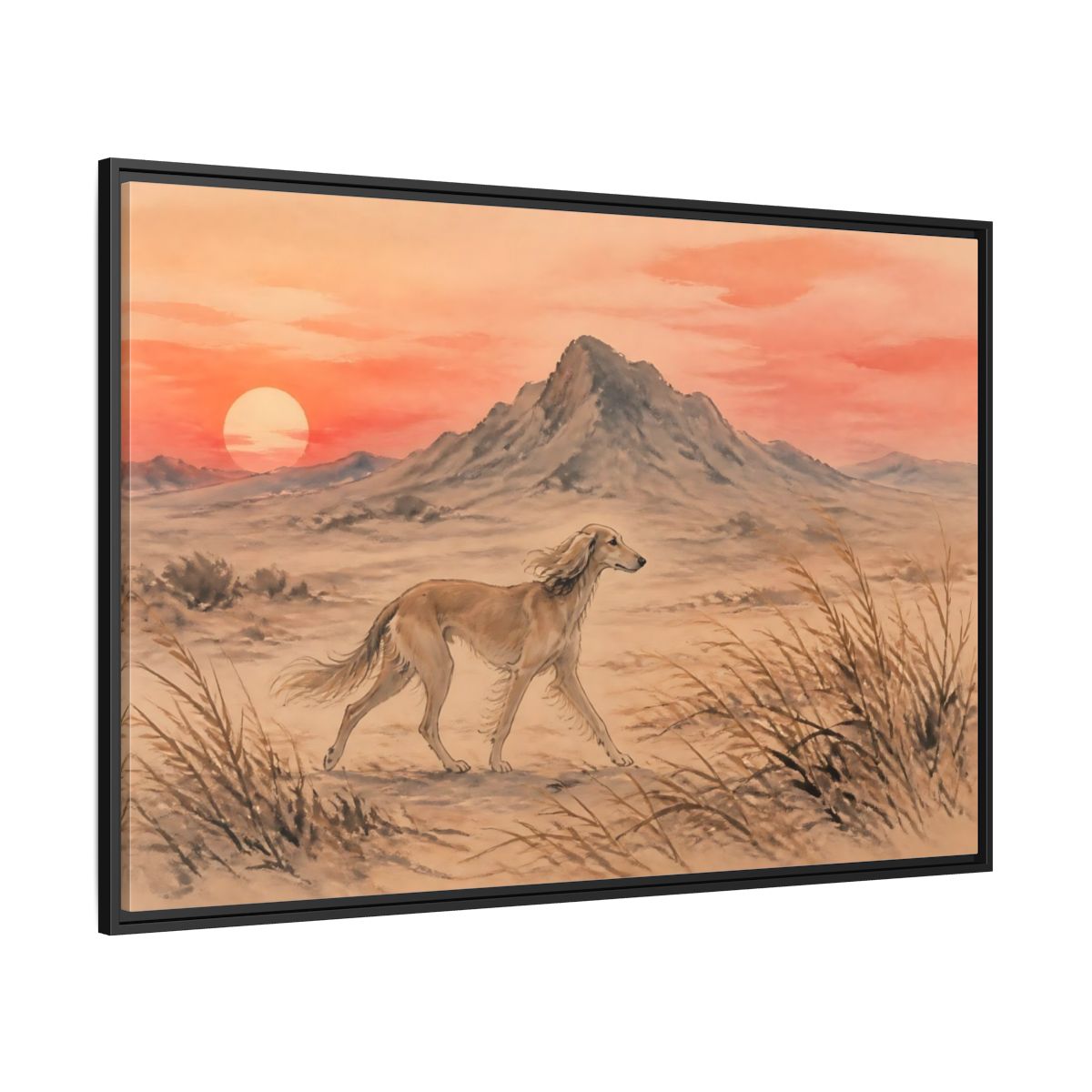 Side Mockup 12. Desert Dog At Sunset shown as framed canvas print
