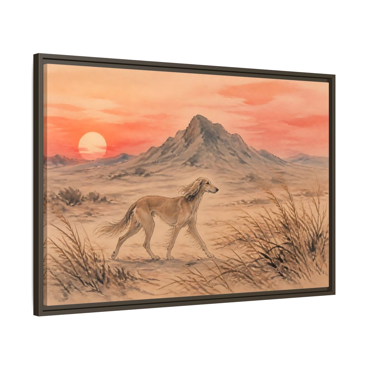 Main Mockup. Desert Dog At Sunset shown as framed canvas print