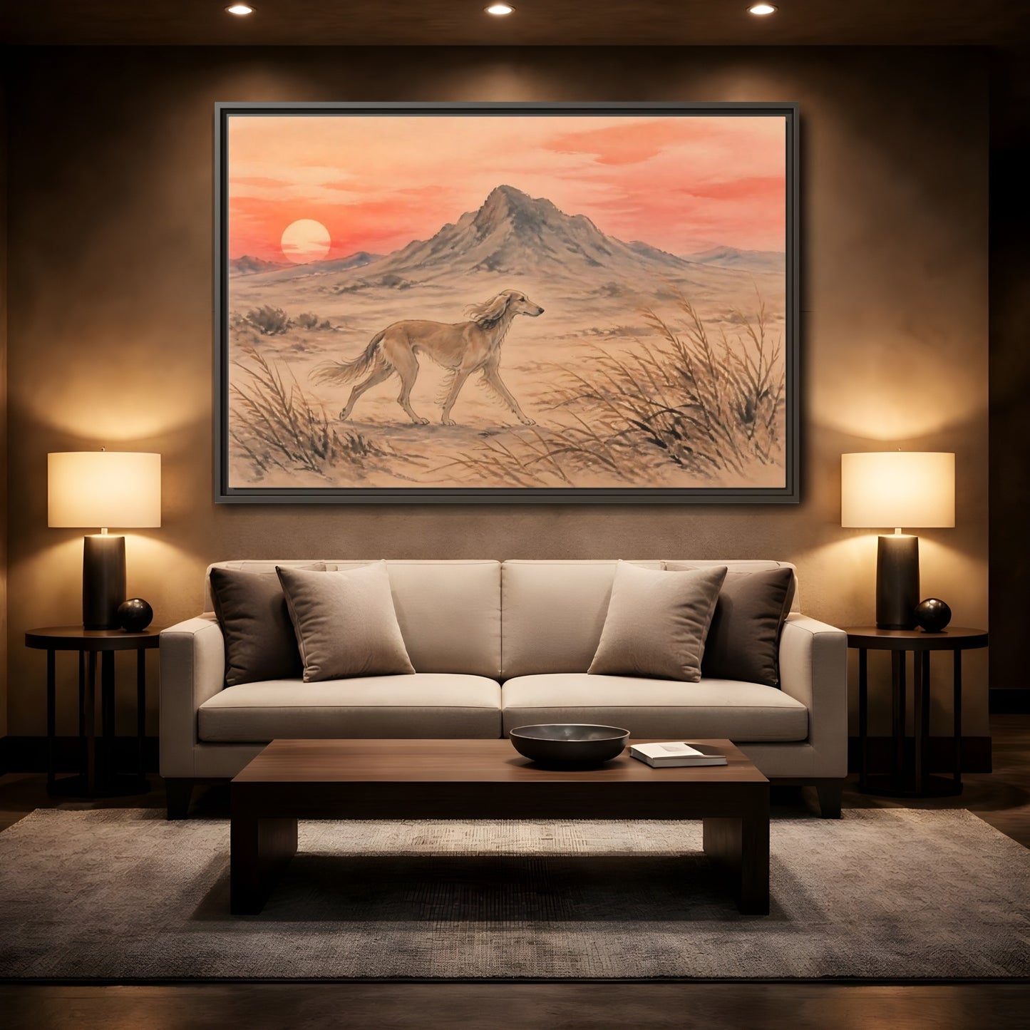 Mockup 2. Desert Dog At Sunset shown as framed canvas print